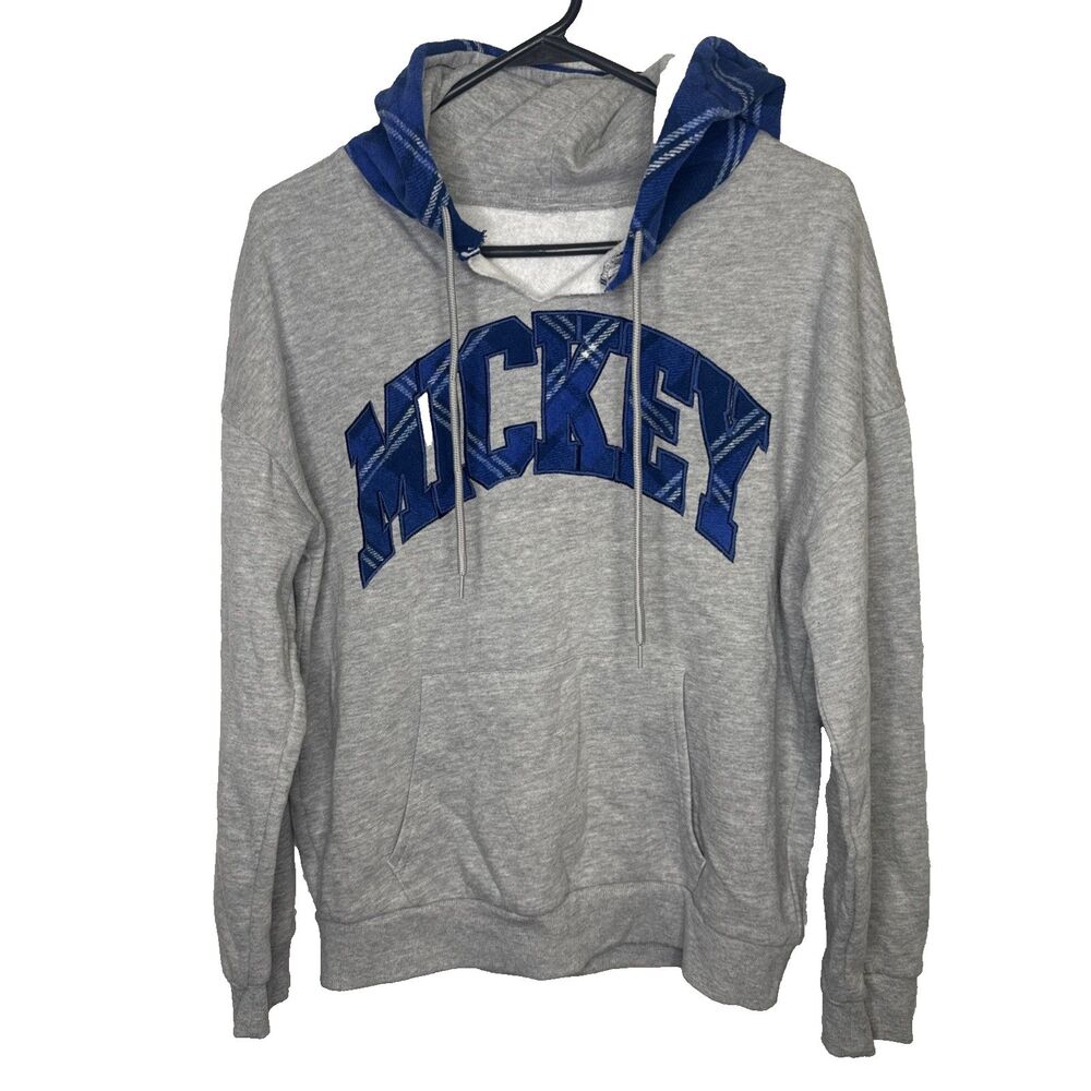 Disney Mickey Mouse Hoodie Mens Size Medium Gray Blue Plaid Inset Pullover Sweat